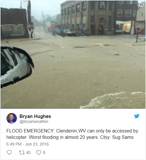 Bryan Hughes Twitter Photo of town of Clendenin during devastating flood