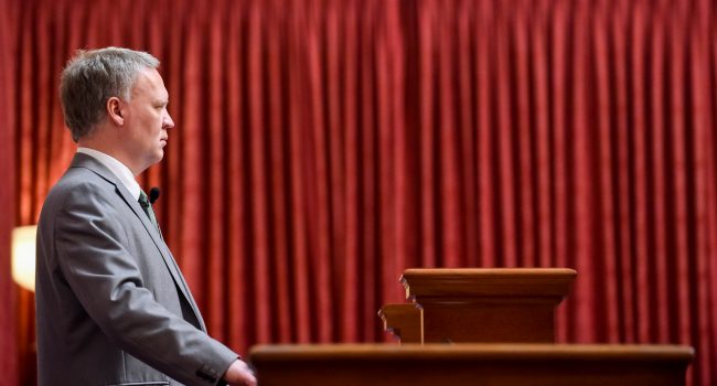 House Speaker Tim Armstead has a quiet moment at the podium - photo by Perry Bennett WV Legislative Photography