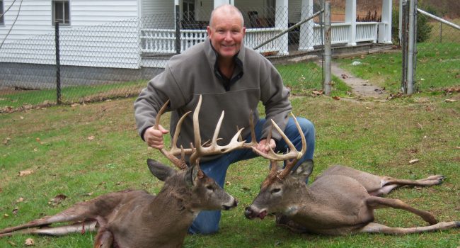 Rick Friend of St. Albans with a 10 point and 12 point buck he killed in Clay County in two days