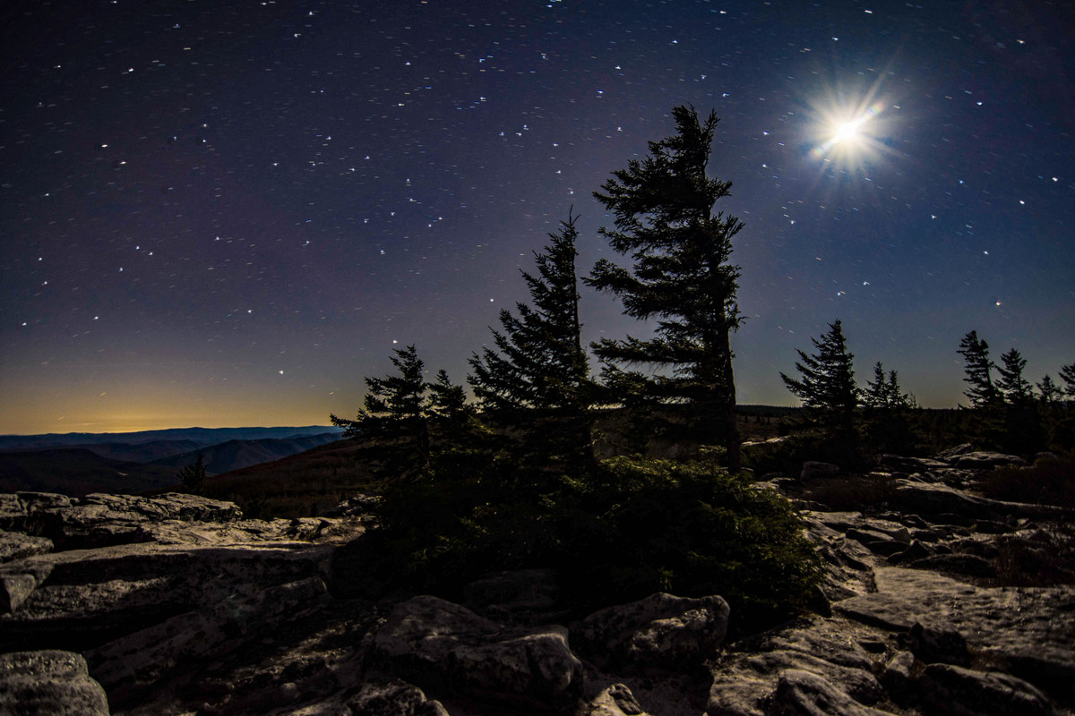 The moon burns brilliantly in the cold darkness above Dolly Sods in the high Alleghenies - Photo by Anne Johnson