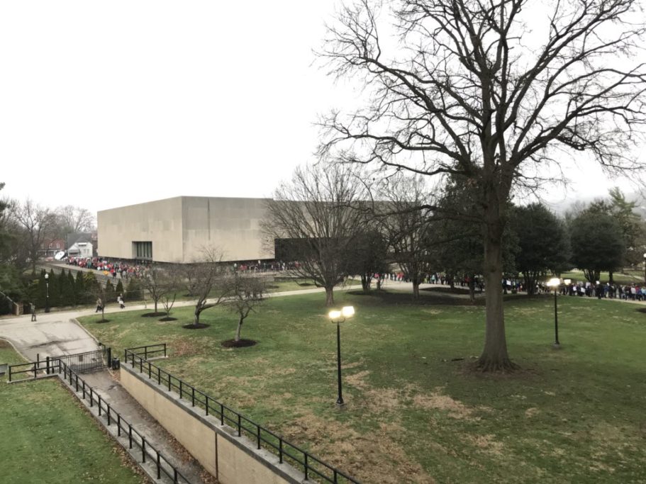 Midway through Thursday morning, the line to get into the Capitol stretched around to the back of the Culture Center. Photo courtesy Brad McElhinny.