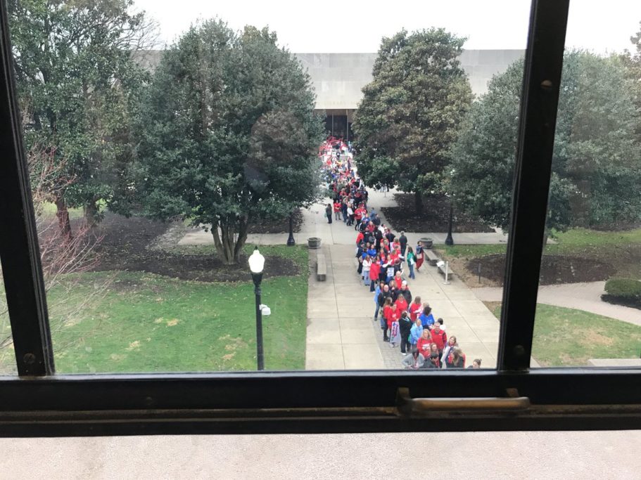 The view from a window off the Senate Judiciary Room as teachers wait in a line that stretches to the state Cultural Center. Photo courtesy Brad McElhinny.