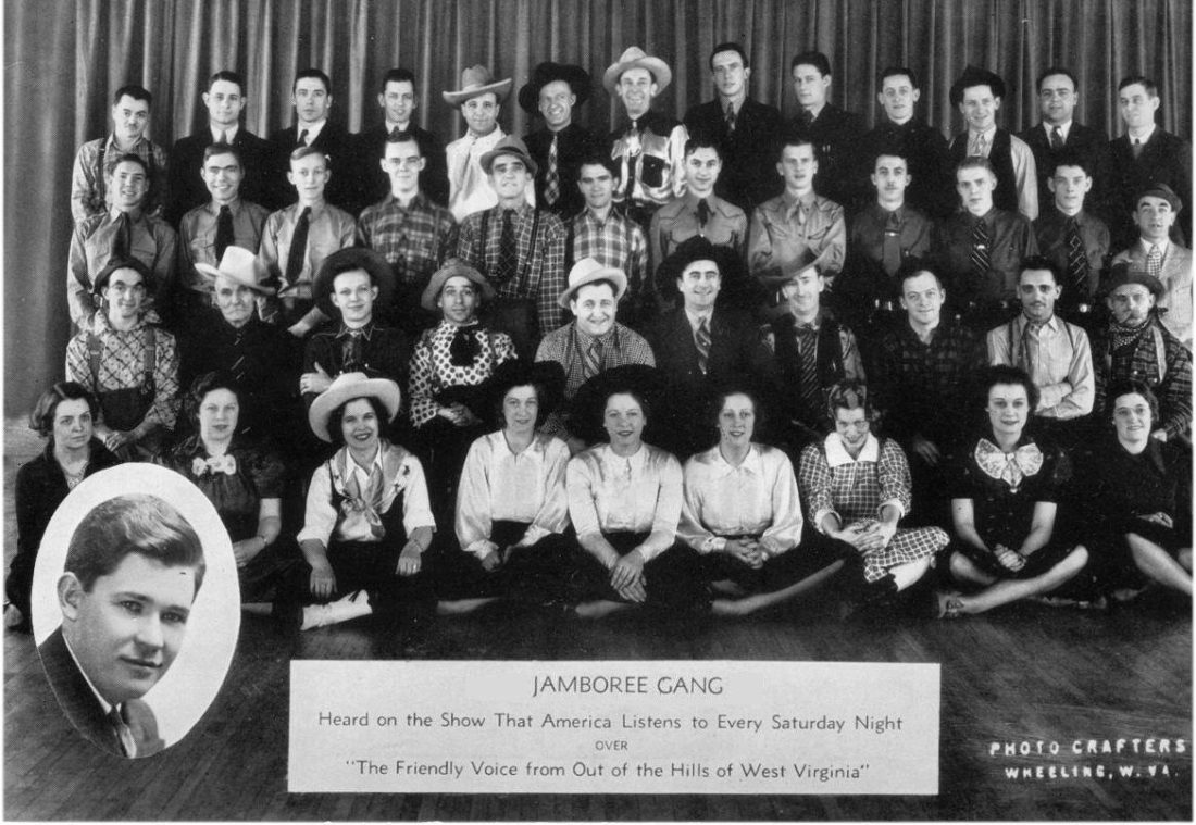 This photo of the “Jamboree Gang” was made in 1937 by Photo Crafters of Wheeling, W.Va. Announcer Walter Patterson is shown in the inset.
