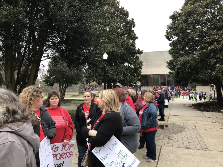 This was the line of teachers and service personnel, waiting to get through security and into the Capitol. Photo courtsey Brad McElhinny.