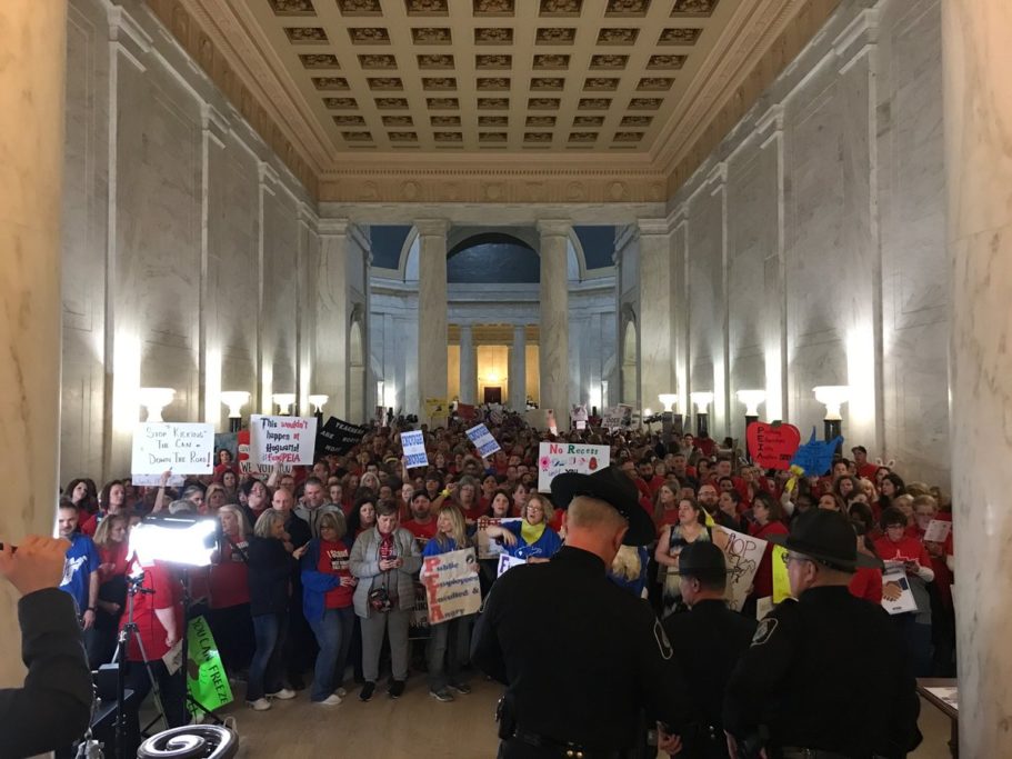 Thousands of teachers fill the Rotunda at the state Capitol during statewide walkout over wages and benefits by Brad McElhinny. Photo courtesy Brad McElhinny.