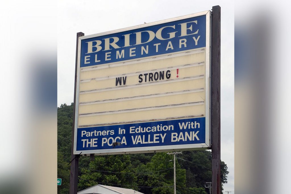A sign outside of Bridge Elementary School in Kanawha County following the June 2016 flood.