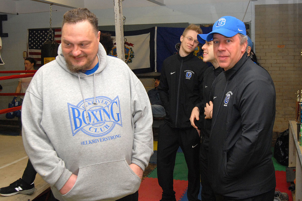 The Glenville State University boxing team visited the Elk River Boxing Club's new facility in Elkview recently. At right is the team's coach, Duane Chapman, and at left is Rob Fletcher, owner of the Elk River Boxing Club facility. Ben Calwell | Metro